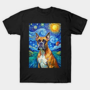 Boxer Dog Breed Painting in a Van Gogh Starry Night Art Style T-Shirt